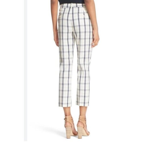 Theory Sz 10 Pants Treeca Plaid Check Blue Cream Crop Wool Trousers Classic - Picture 2 of 10
